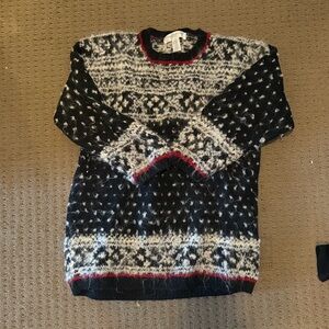 Jones New York Black and Cream Patterned Crewneck Sweater